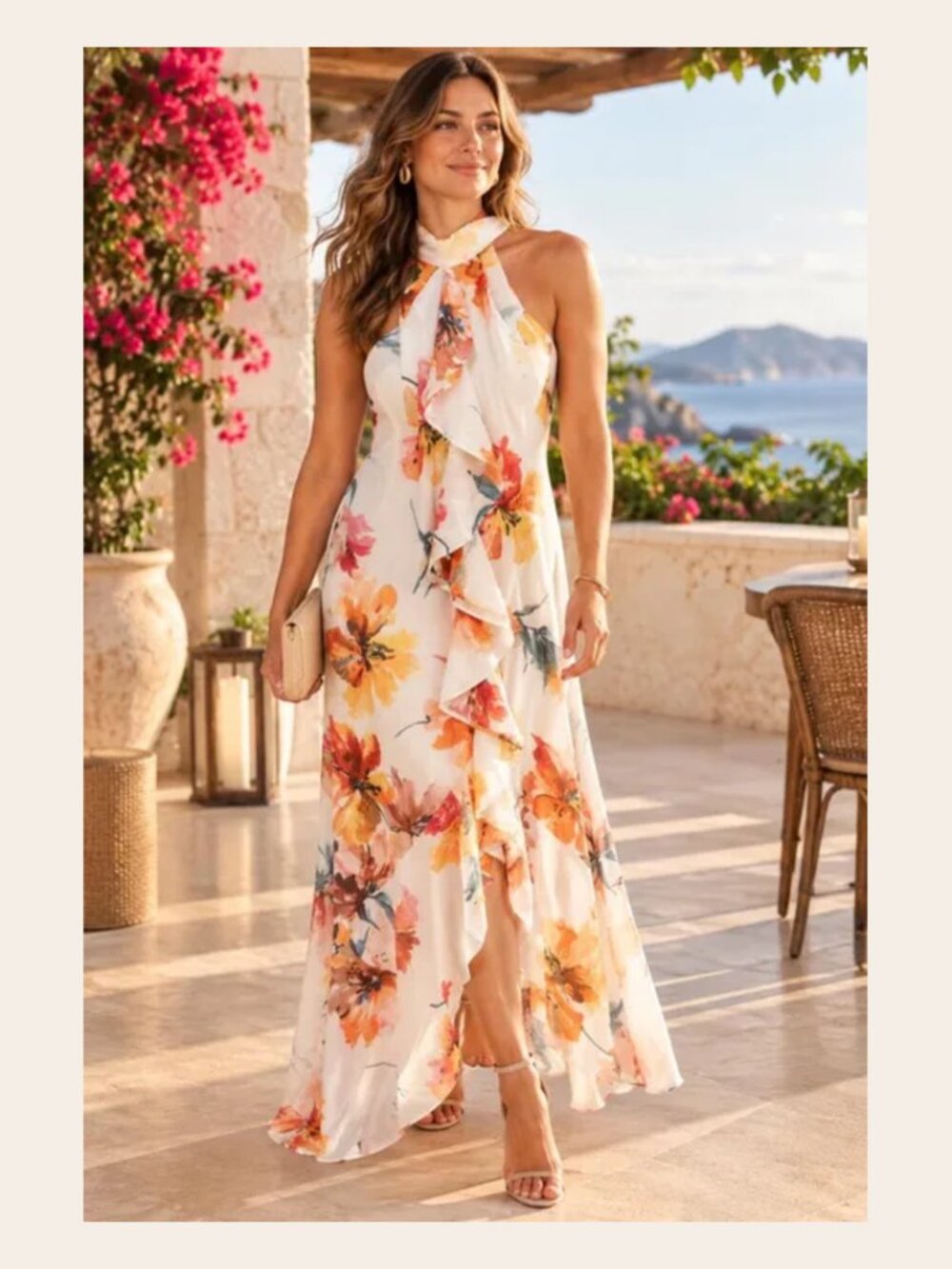 Premier Amour Floral Ruffle Halter Maxi Dress Size 16 NWT